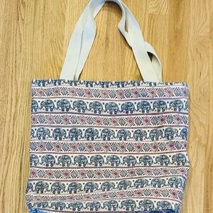 Elephant Print Canvas Elephant Tote Bag - Blue and Cream